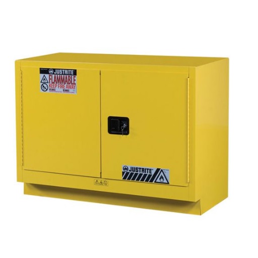 Justrite 31 Gallon, Sure-Grip EX Under Fume Hood, Yellow Safety Cabinet for Flammables (1 Shelf, 2 Doors, Manual)