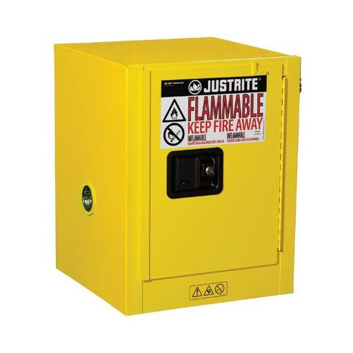 Justrite 4 Gallon, Sure-Grip EX Countertop, Yellow Safety Cabinet for Flammables (1 Shelf, 1 Door, Manual)