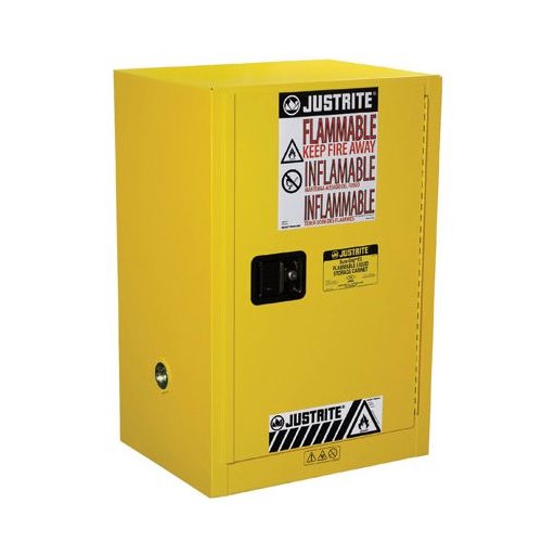 Justrite 12 Gallon, Sure-Grip EX Compac, Yellow Safety Cabinet for Flammables (1 Shelf, 1 Door, Manual)