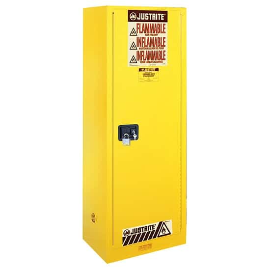 Justrite 54 Gallon, Sure-Grip EX Deep Slimline, Yellow Safety Cabinet for Flammables (3 Shelves, 1 Door, Manual)