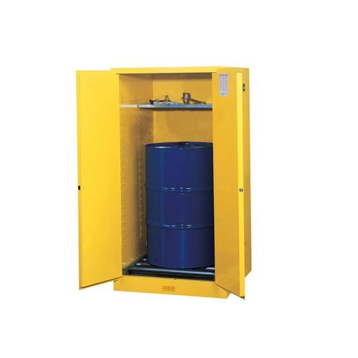 Justrite 55 Gallon, Sure-Grip EX, Yellow Safety Cabinet with Drum Rollers for Flammables (1 Drum Vertical, 1 Shelf, 2 Doors, Manual)