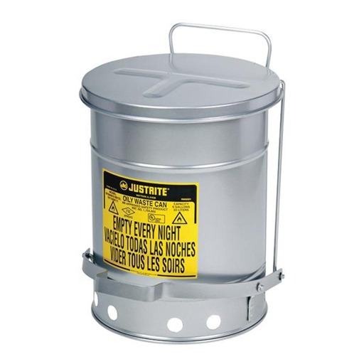Justrite 10 Gallon, SoundGard, Self-Closing Cover, Silver Oily Waste Can (Foot-Operated)