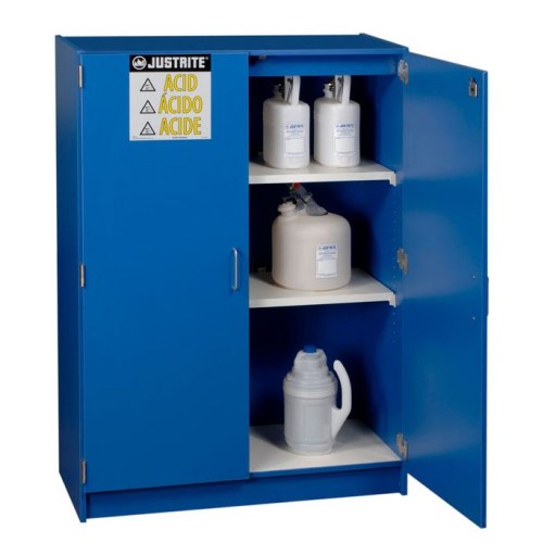 Justrite Wood Laminated Safety Cabinet for Corrosives, Holds 49×2.5 Litre Bottles (2 Shelves, 2 Doors, Manual)