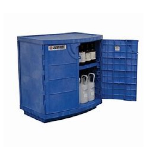 Justrite Blue Polyethylene Storage Cabinet for Corrosives/Acids, Holds 36×2.5-Litre Bottles (1 Shelf, 2 Doors, Manual)
