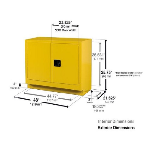 Justrite 31 Gallon, Sure-Grip EX Under Fume Hood, Yellow Safety Cabinet for Flammables (1 Shelf, 2 Doors, Manual)