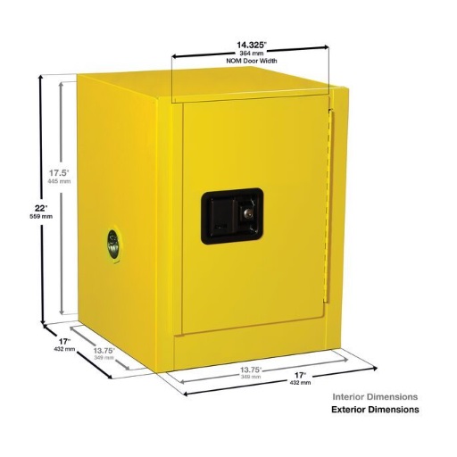 Justrite 4 Gallon, Sure-Grip EX Countertop, Yellow Safety Cabinet for Flammables (1 Shelf, 1 Door, Manual)