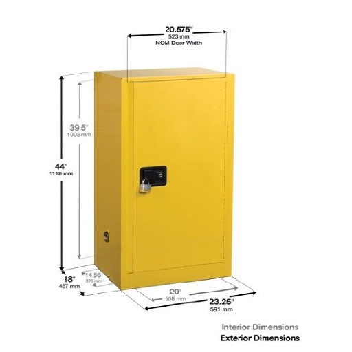 Justrite 15 Gallon Sure-Grip EX Compac, Yellow Safety Cabinet for Flammables (1 Shelf, 1 Door, Manual)