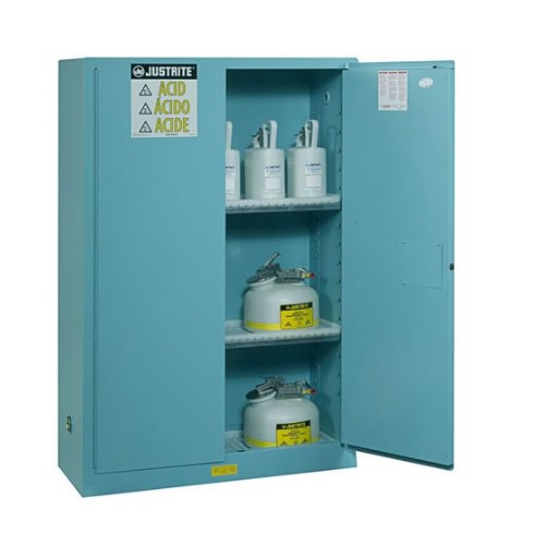 Justrite 45 Gallon, Sure-Grip EX, Blue Safety Cabinet for Corrosives/Acid (2 Shelves, 2 Doors, Manual)