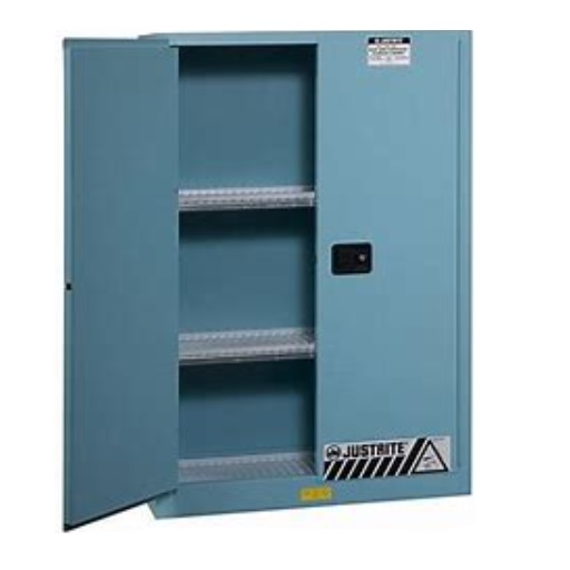 Justrite 45 Gallon, Sure-Grip EX, Blue Safety Cabinet for Corrosives/Acid (2 Shelves, 2 Doors, Manual)