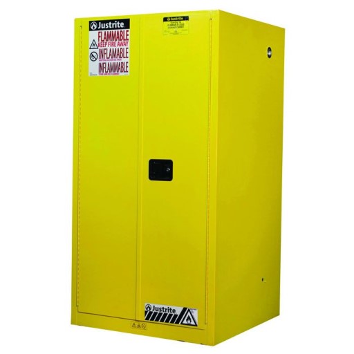Justrite 60 Gallon, Sure-Grip EX, Yellow Safety Cabinet for Flammables (2 Shelves, 2 Doors, Manual)