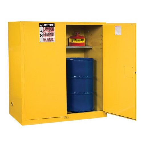 Justrite 110 Gallon, Sure-Grip EX, Yellow Safety Cabinet for Flammables with Drum Support (2 Drum Vertical, 1 Shelf, 2 Doors, Manual)