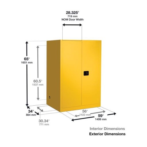 Justrite 110 Gallon, Sure-Grip EX, Yellow Safety Cabinet for Flammables with Drum Support (2 Drum Vertical, 1 Shelf, 2 Doors, Manual)