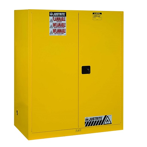 Justrite 110 Gallon, Sure-Grip EX, Yellow Safety Cabinet for Flammables with Drum Support (2 Drum Vertical, 1 Shelf, 2 Doors, Manual)