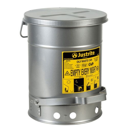 Justrite 6 Gallon, SoundGard, Self-Closing Cover, Red/Silver Oily Waste Can (Foot-Operated)