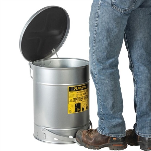 Justrite 10 Gallon, SoundGard, Self-Closing Cover, Silver Oily Waste Can (Foot-Operated)