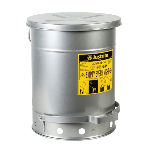 Justrite 10 Gallon, SoundGard, Self-Closing Cover, Silver Oily Waste Can (Foot-Operated)