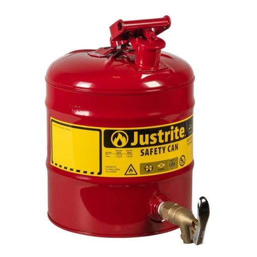 Justrite 5 Gallon, Type 1, Red Steel Safety Can with Bottom Brass Faucet