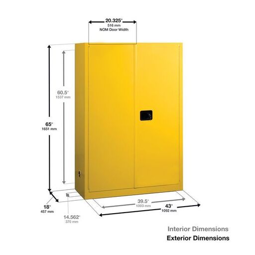Justrite 45 Gallon, Sure-Grip EX, Yellow Safety Cabinet for Flammables (2 Shelves, 2 Doors, Manual)